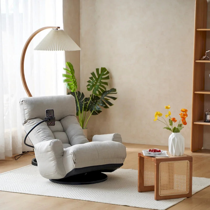 Gray Swivel Recliner with Phone Holder, Adjustable Headrest