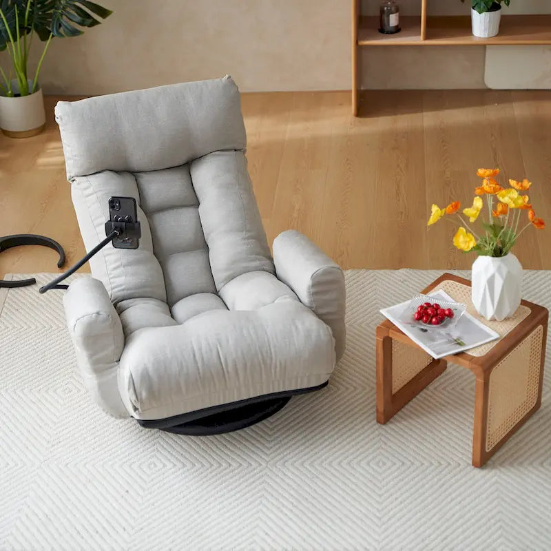 Gray Swivel Recliner with Phone Holder, Adjustable Headrest