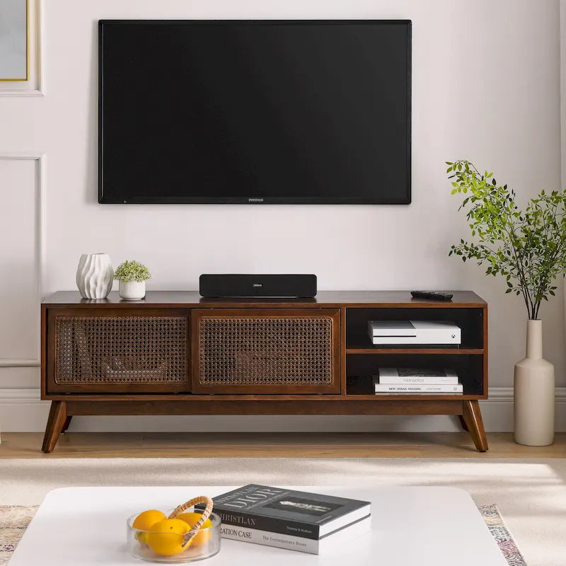 Meuble TV Noyer 59 po avec étagères ouvertes et portes en rotin pour téléviseurs 65 po