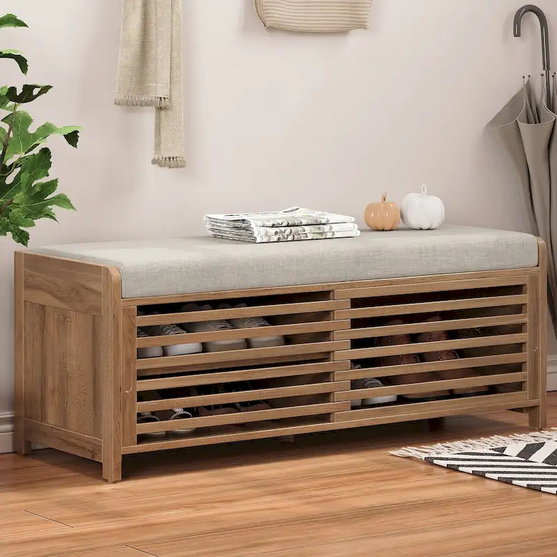 Entryway Shoe Cabinet, Distressed Shutter Storage Bench with Acacia Veneer for Retro Charm for Living Room, Entryway