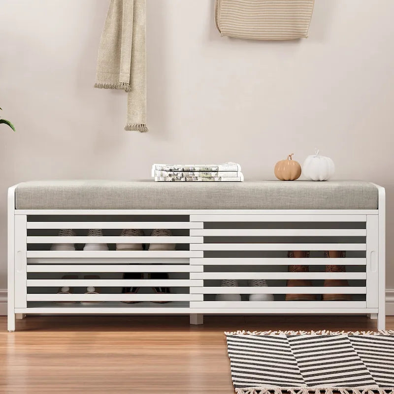 Entryway Shoe Cabinet, Distressed Shutter Storage Bench with Acacia Veneer for Retro Charm for Living Room, Entryway