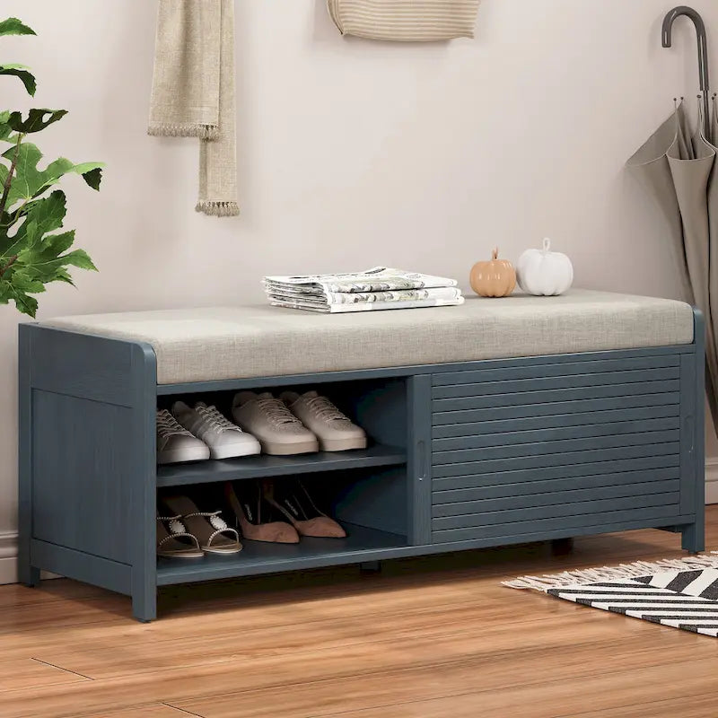 Entryway Shoe Cabinet, Distressed Shutter Storage Bench with Acacia Veneer for Retro Charm for Living Room, Entryway
