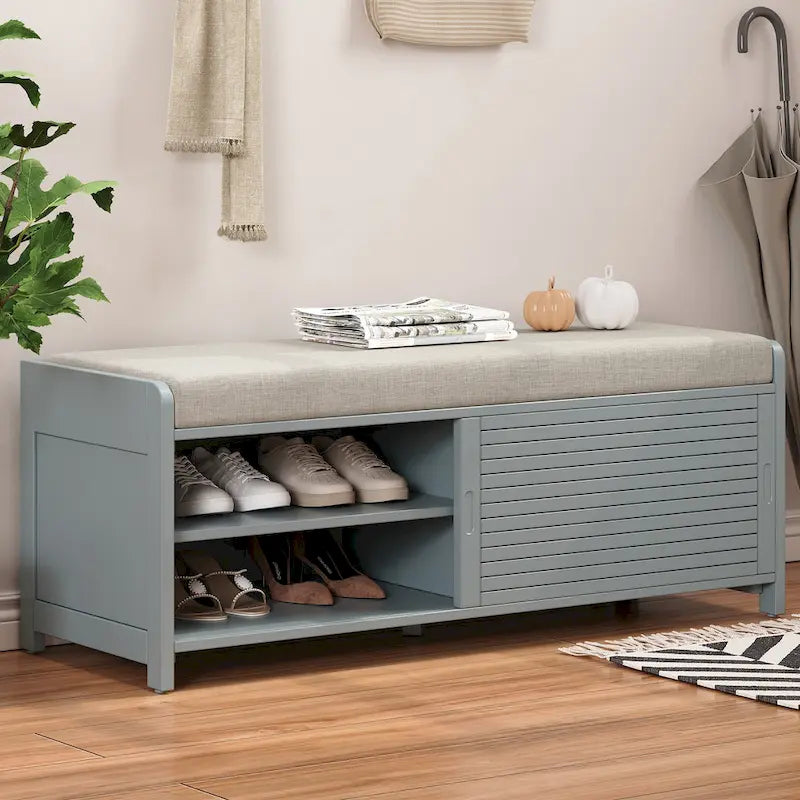 Entryway Shoe Cabinet, Distressed Shutter Storage Bench with Acacia Veneer for Retro Charm for Living Room, Entryway