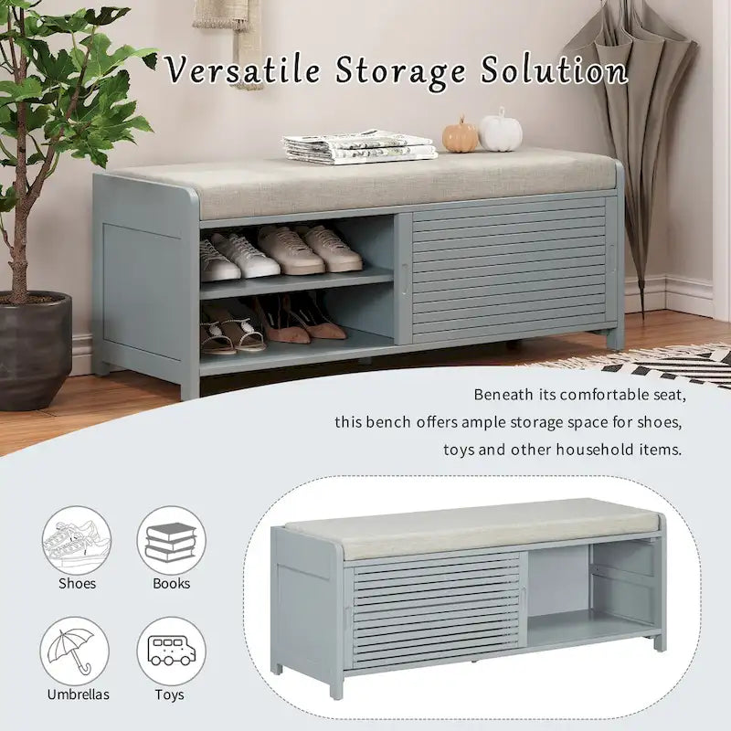 Entryway Shoe Cabinet, Distressed Shutter Storage Bench with Acacia Veneer for Retro Charm for Living Room, Entryway