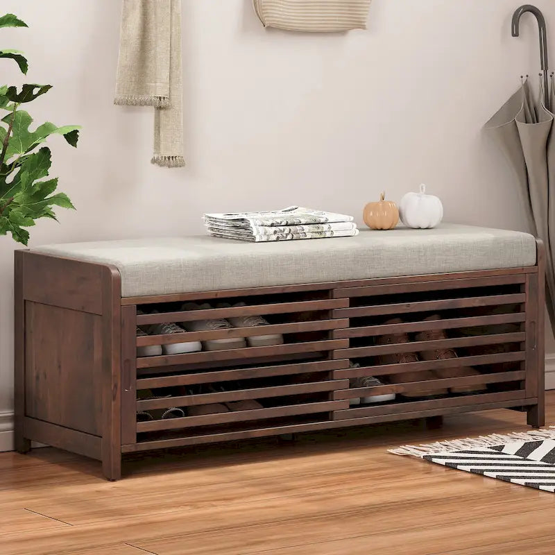 Entryway Shoe Cabinet, Distressed Shutter Storage Bench with Acacia Veneer for Retro Charm for Living Room, Entryway