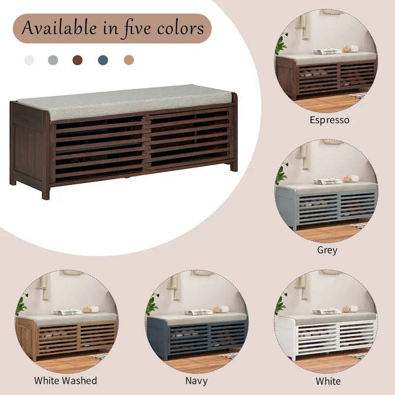 Entryway Shoe Cabinet, Distressed Shutter Storage Bench with Acacia Veneer for Retro Charm for Living Room, Entryway