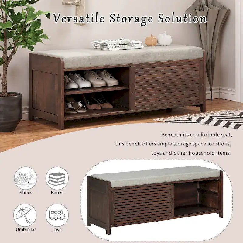 Entryway Shoe Cabinet, Distressed Shutter Storage Bench with Acacia Veneer for Retro Charm for Living Room, Entryway