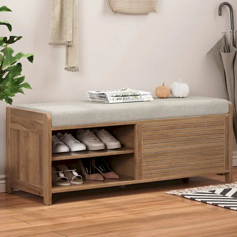 Entryway Shoe Cabinet, Distressed Shutter Storage Bench with Acacia Veneer for Retro Charm for Living Room, Entryway