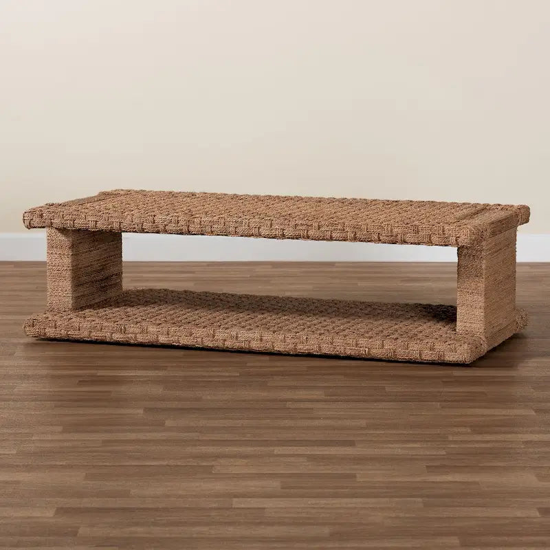 Rhinos Handwoven Seagrass Coffee Table with Open Shelf - Rectangular Wicker Center Table for Living Room, Coastal Boho Style