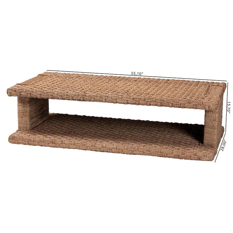 Rhinos Handwoven Seagrass Coffee Table with Open Shelf - Rectangular Wicker Center Table for Living Room, Coastal Boho Style