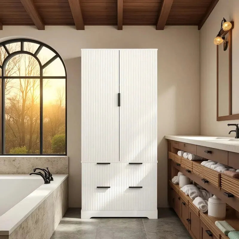Farmhouse Bathroom Storage Cabinet with 2 Large Drawers, 8-Door storage Rack & 3 Shelves