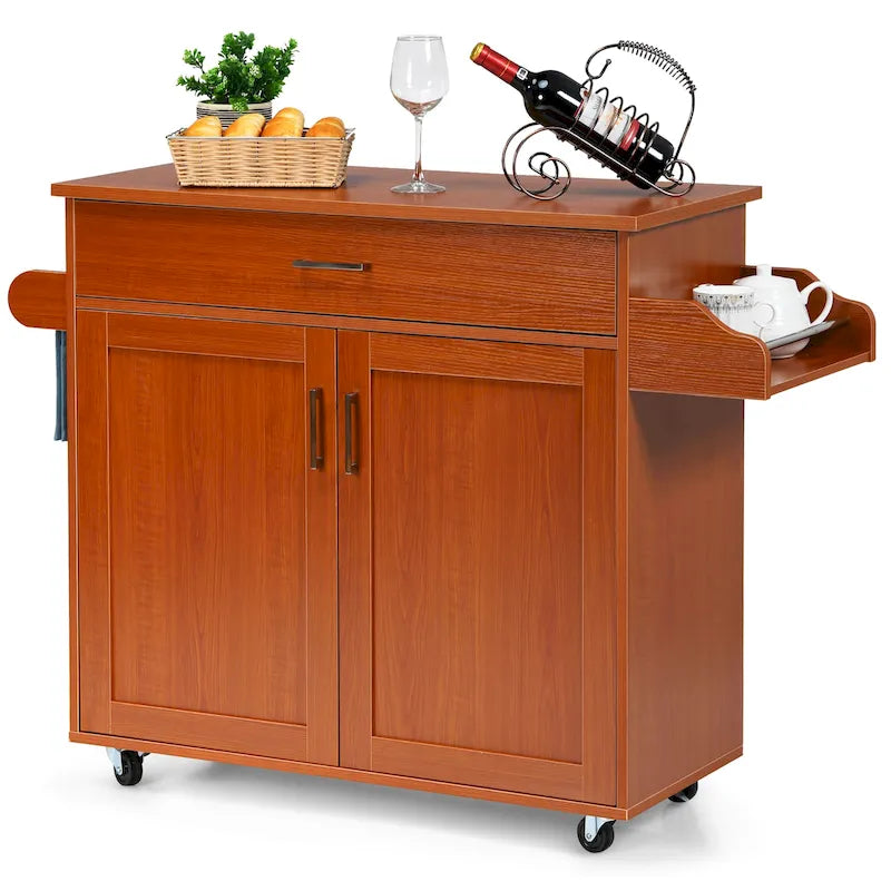 Rolling Kitchen Island Cart with Storage Cabinet, Towel & Spice Rack