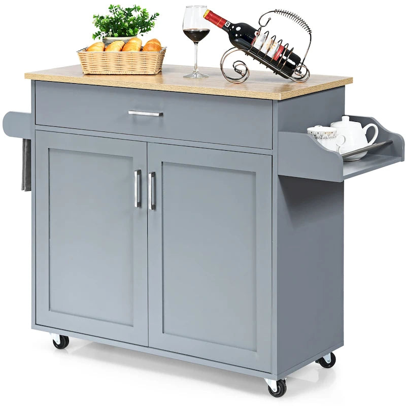 Rolling Kitchen Island Cart with Storage Cabinet, Towel & Spice Rack