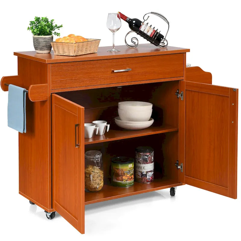 Rolling Kitchen Island Cart with Storage Cabinet, Towel & Spice Rack