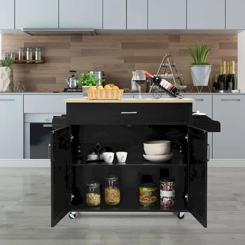 Rolling Kitchen Island Cart with Storage Cabinet, Towel & Spice Rack