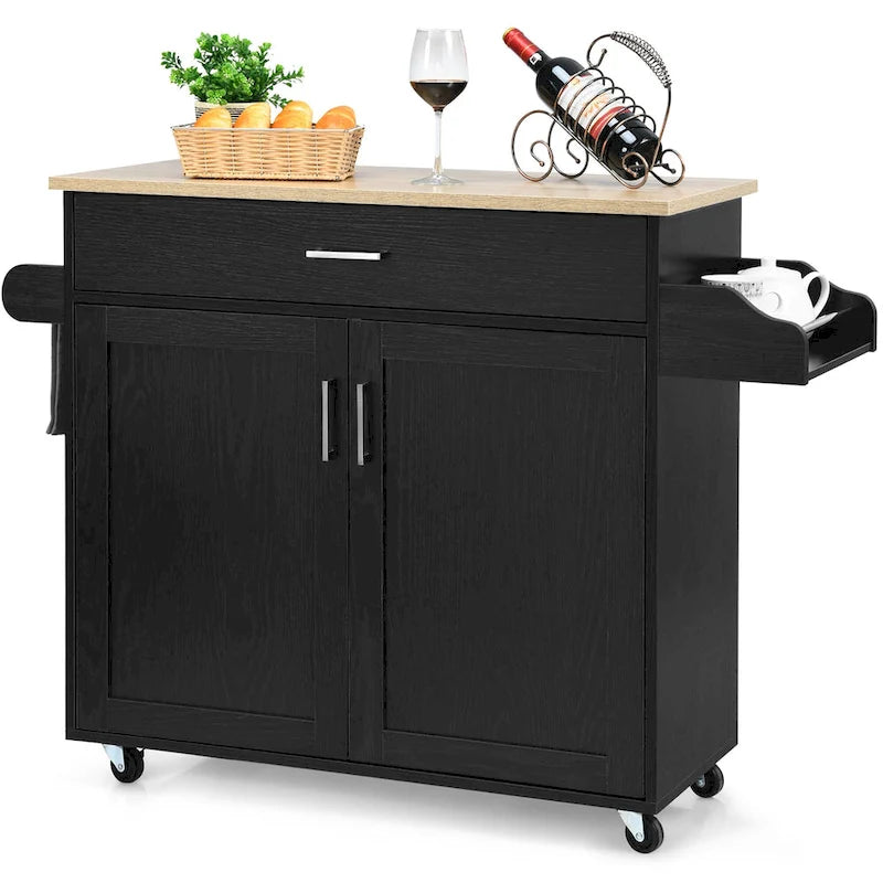 Rolling Kitchen Island Cart with Storage Cabinet, Towel & Spice Rack