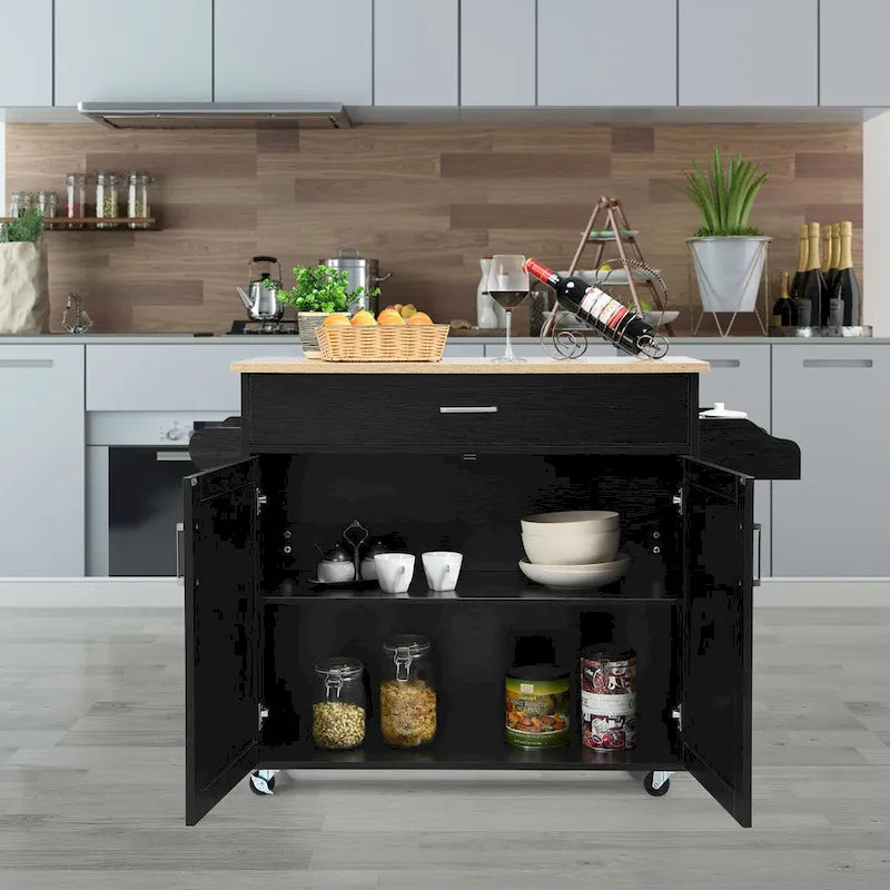 Rolling Kitchen Island Cart with Storage Cabinet, Towel & Spice Rack