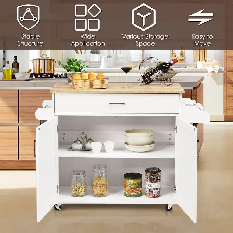 Desserte de cuisine roulante avec armoire de rangement, porte-serviettes et étagère à épices