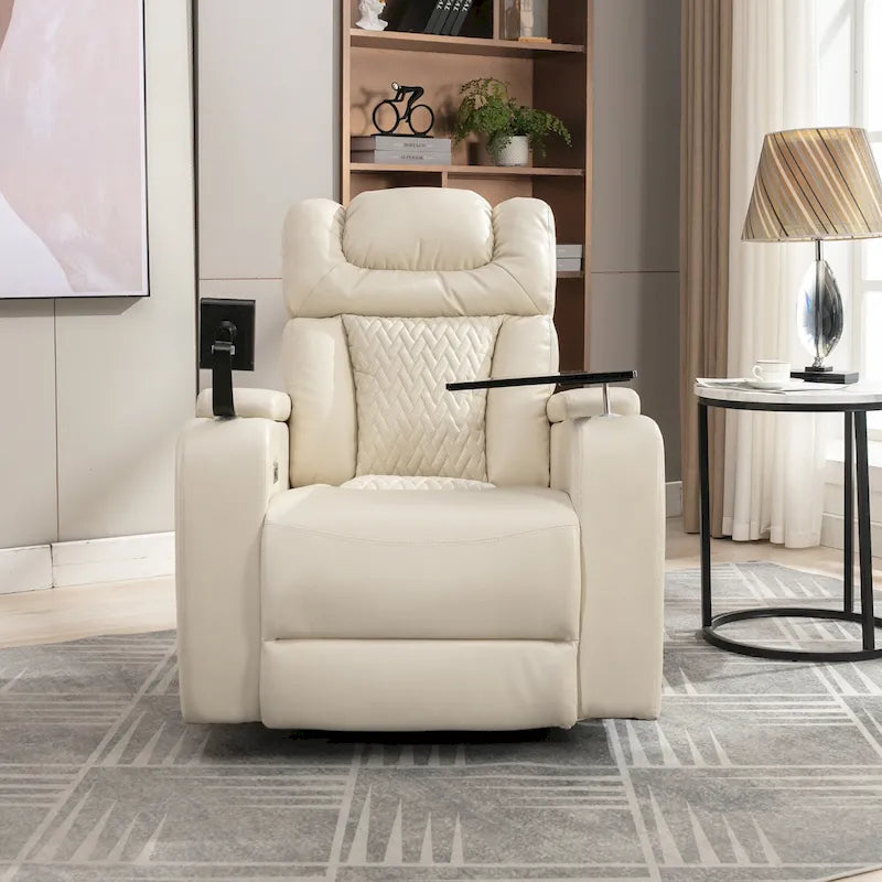 270 Swivel PU Leather Power Recliner with Phone Holder, Cup Holder, USB Port Home Theater Recliner for Living Room