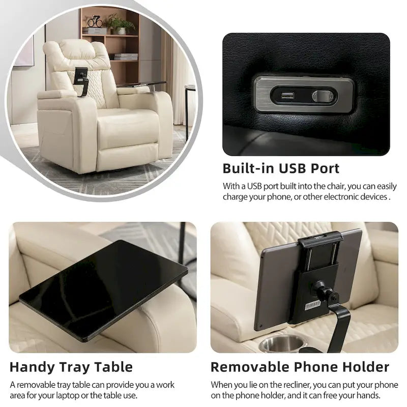 270 Swivel PU Leather Power Recliner with Phone Holder, Cup Holder, USB Port Home Theater Recliner for Living Room