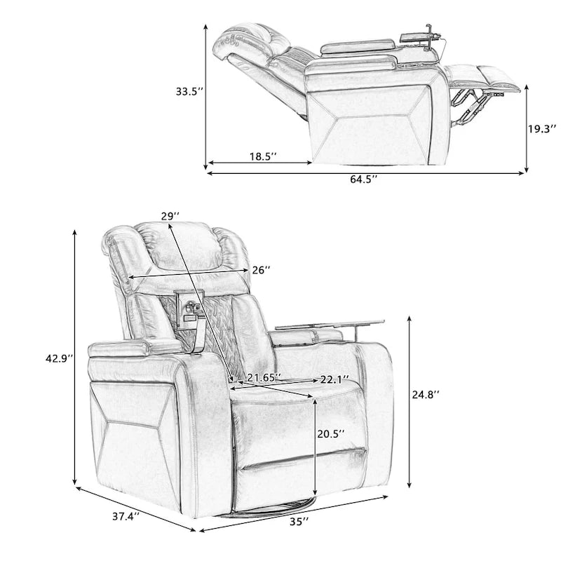 Fauteuil inclinable électrique pivotant à 270° en cuir PU avec support de téléphone, porte-gobelet, port USB, pour salon/salle de cinéma maison