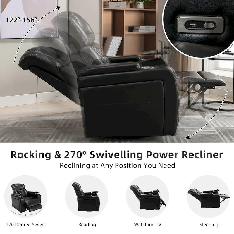 Fauteuil inclinable électrique pivotant à 270° en cuir PU avec support de téléphone, porte-gobelet, port USB, pour salon/salle de cinéma maison