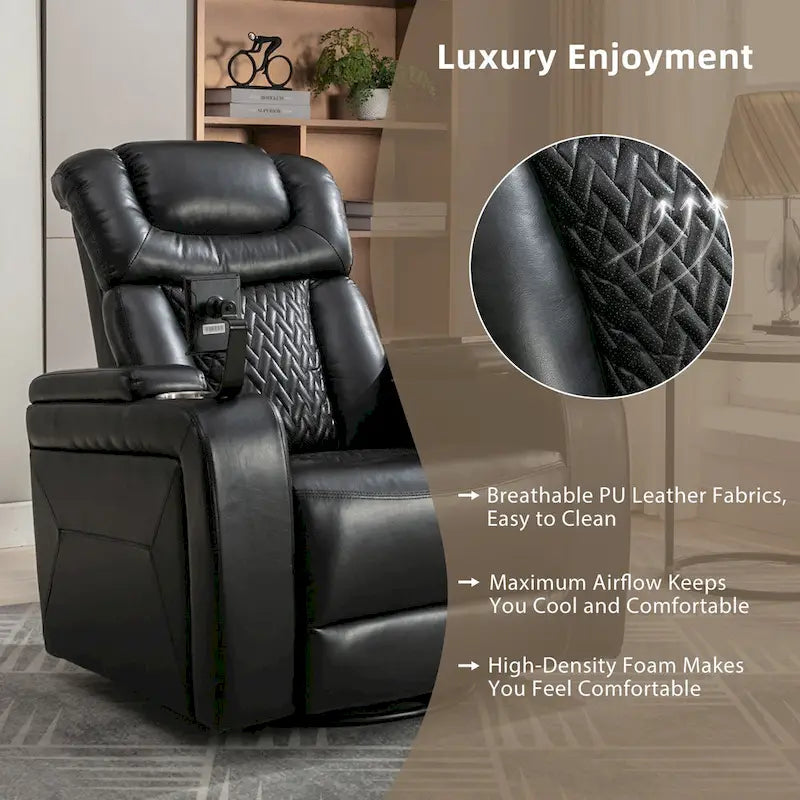 Fauteuil inclinable électrique pivotant à 270° en cuir PU avec support de téléphone, porte-gobelet, port USB, pour salon/salle de cinéma maison