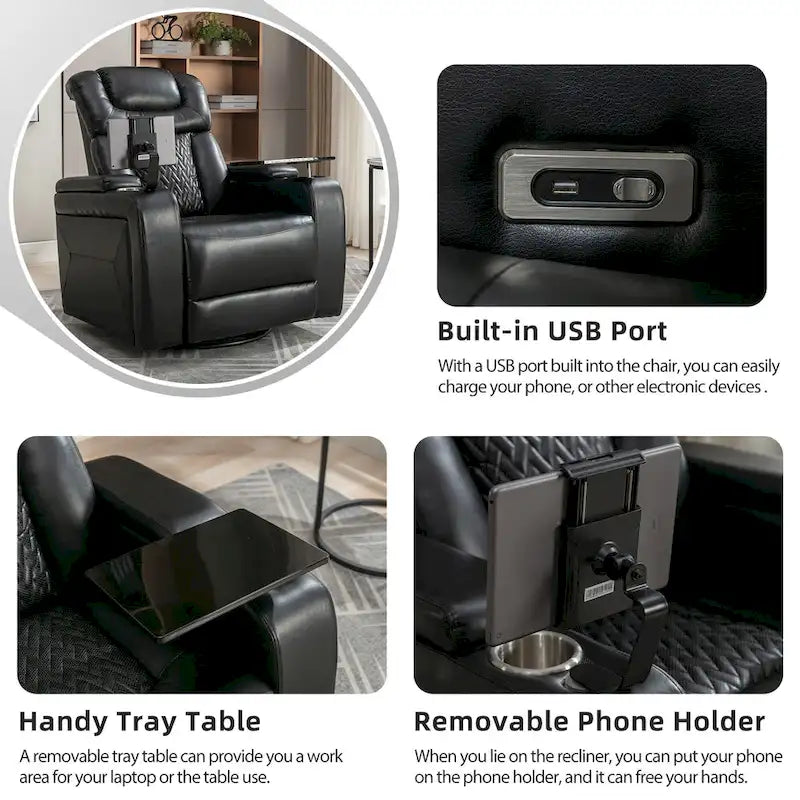 Fauteuil inclinable électrique pivotant à 270° en cuir PU avec support de téléphone, porte-gobelet, port USB, pour salon/salle de cinéma maison