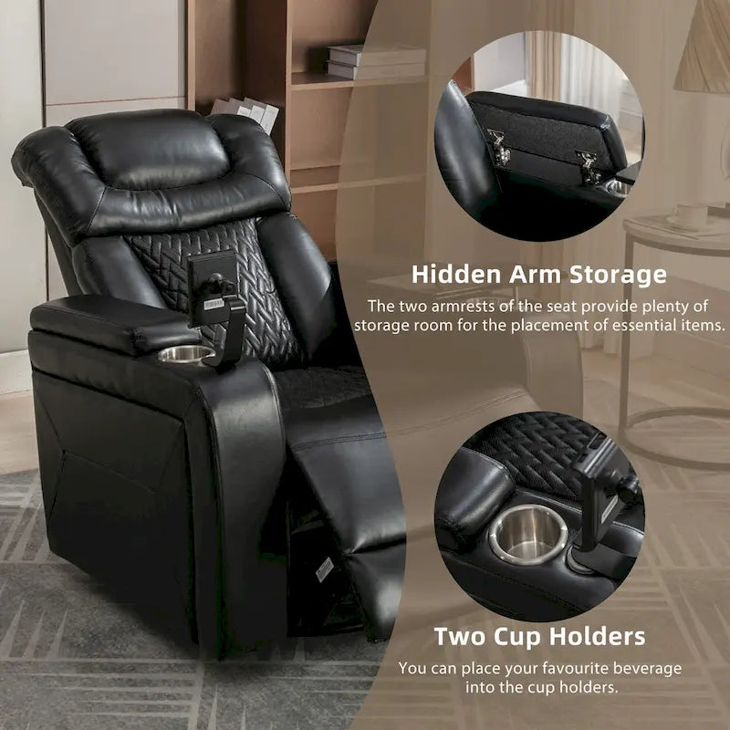 Fauteuil inclinable électrique pivotant à 270° en cuir PU avec support de téléphone, porte-gobelet, port USB, pour salon/salle de cinéma maison
