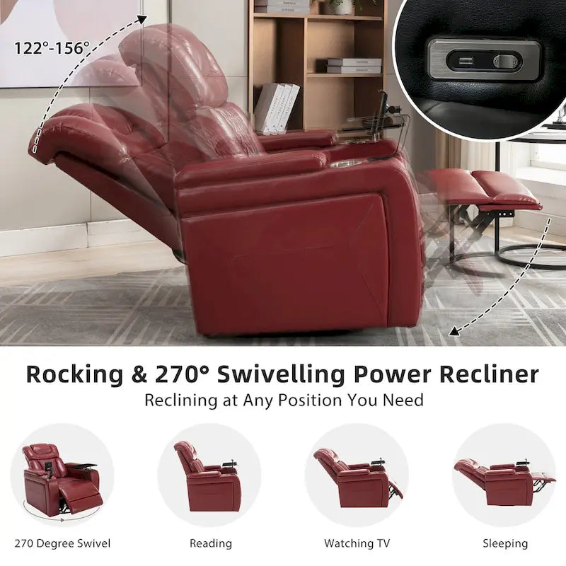 Fauteuil inclinable électrique pivotant à 270° en cuir PU avec support de téléphone, porte-gobelet, port USB, pour salon/salle de cinéma maison