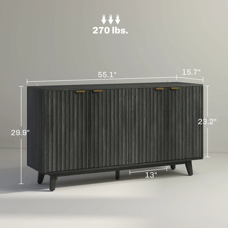 HOMCOM Fluted Sideboard Buffet Cabinet, 55 Modern Accent Console Cabinet with 4 Doors, 2 Adjustable Shelves and 5 Wood Legs