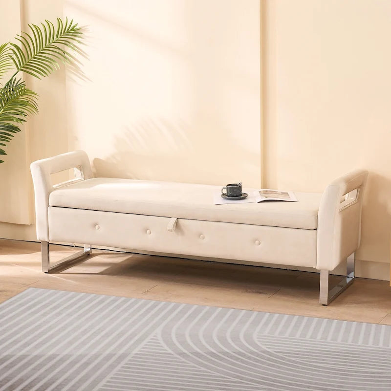 67.91 Velvet Storage Bench with Armrests and Wood Frame for Bedroom