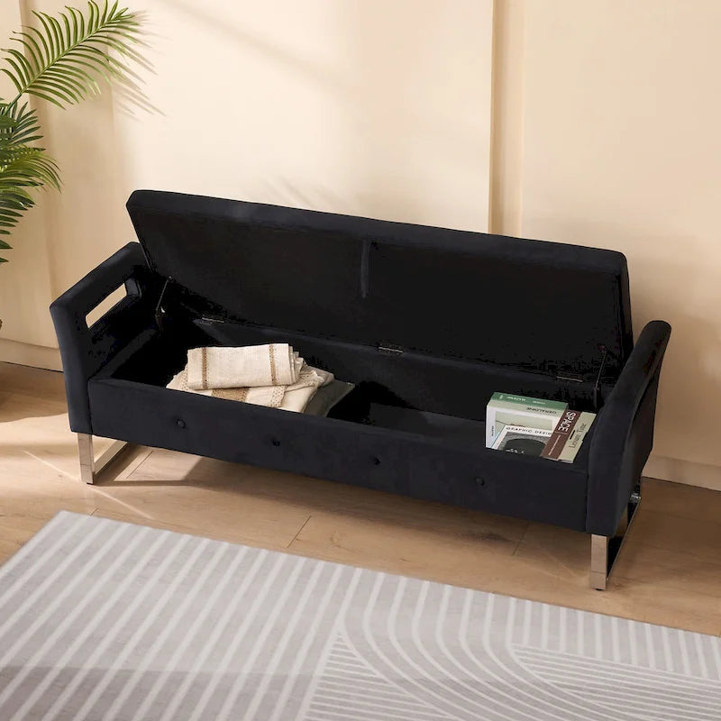 67,91 Banc de rangement en velours avec accoudoirs et cadre en bois pour chambre à coucher