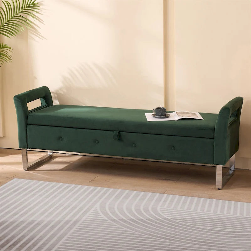 67,91 Banc de rangement en velours avec accoudoirs et cadre en bois pour chambre à coucher