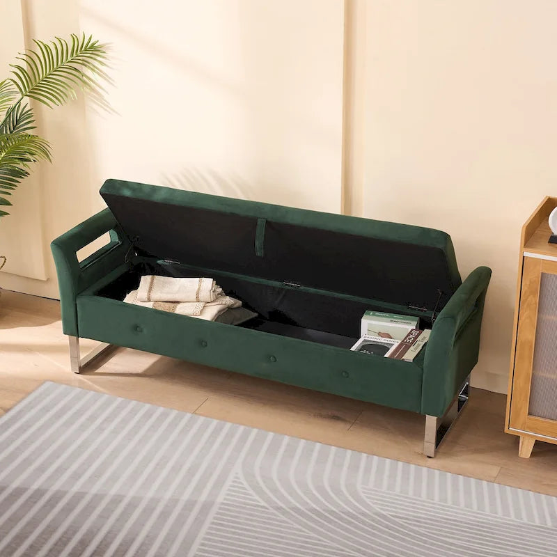 67,91 Banc de rangement en velours avec accoudoirs et cadre en bois pour chambre à coucher