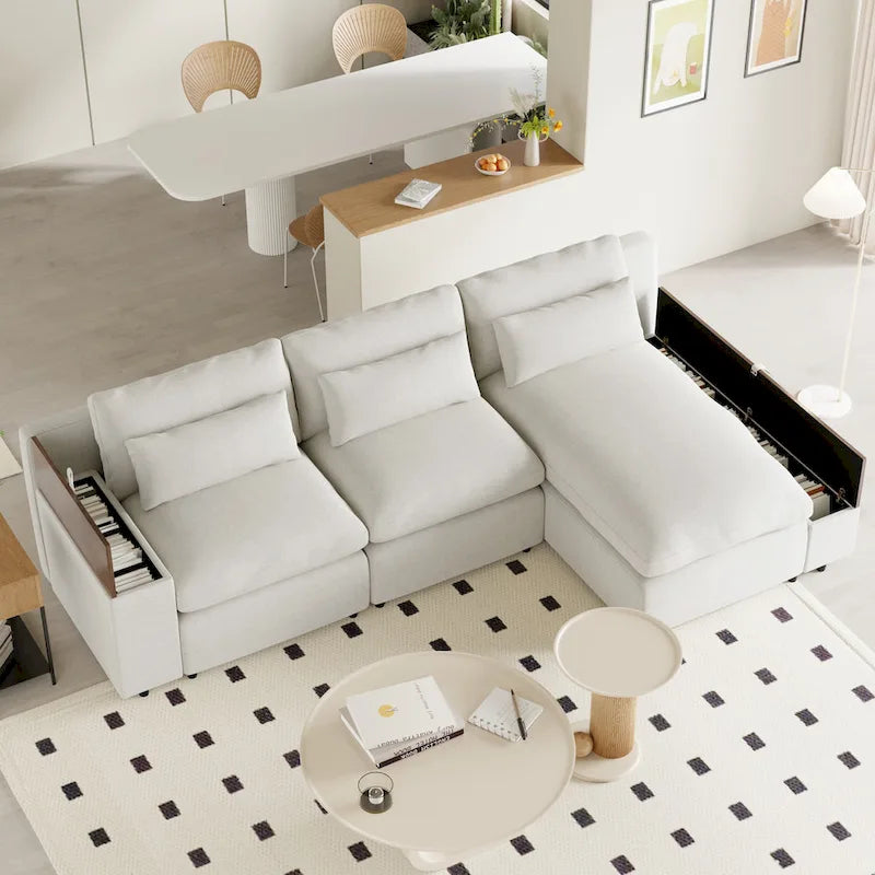 Beige 109.8 L-Shaped 3-Seat Sofa with Storage Compartments