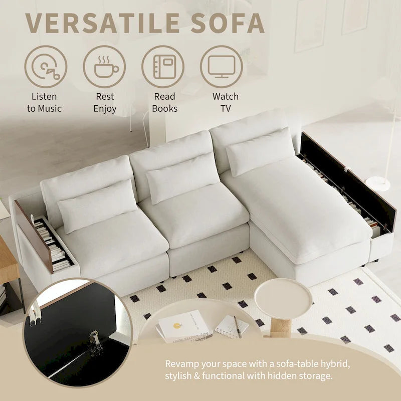 Beige 109.8 L-Shaped 3-Seat Sofa with Storage Compartments