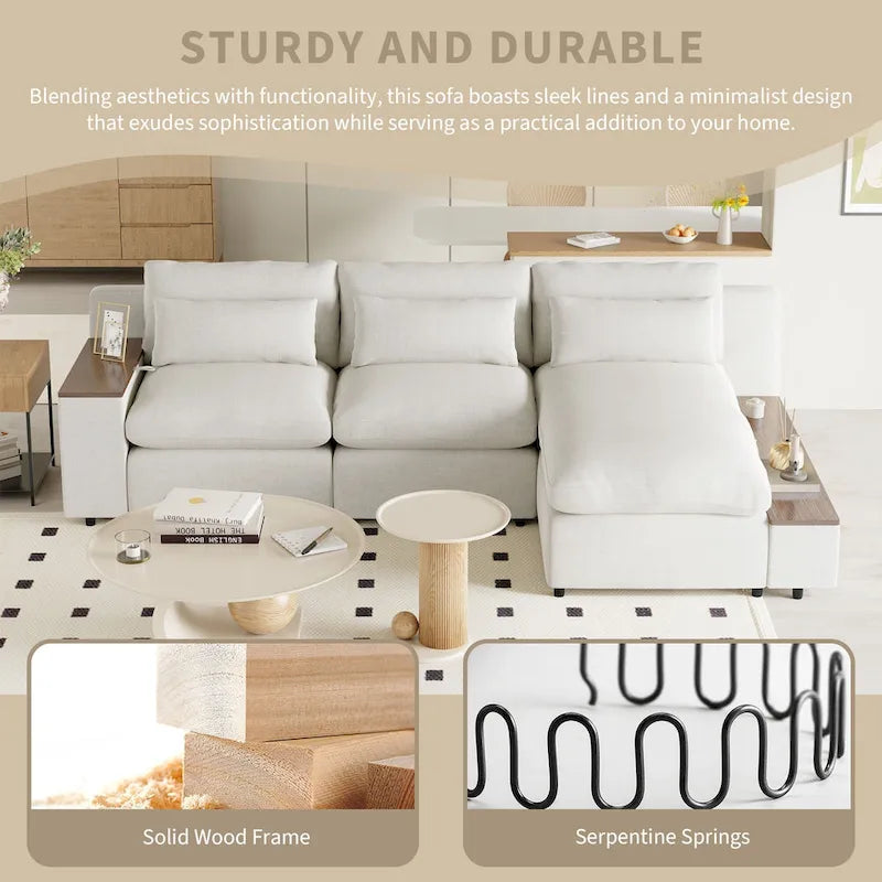 Beige 109.8 L-Shaped 3-Seat Sofa with Storage Compartments