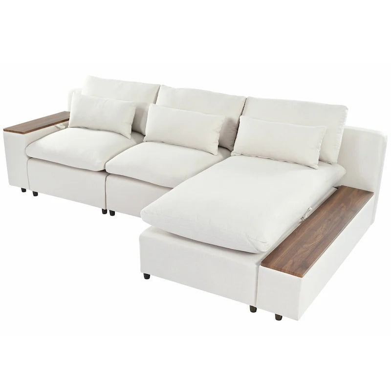 Beige 109.8 L-Shaped 3-Seat Sofa with Storage Compartments