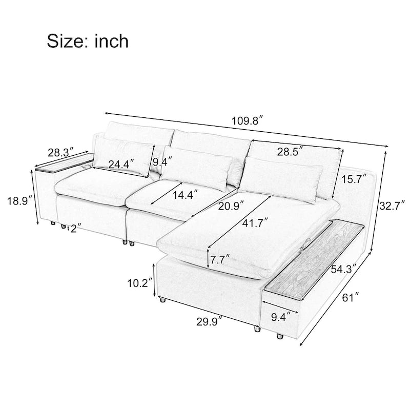 Beige 109.8 L-Shaped 3-Seat Sofa with Storage Compartments