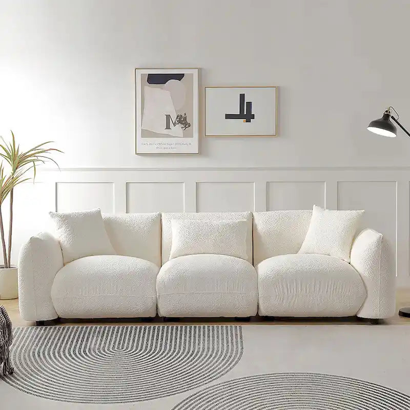 Mid Century Modern 102.36 Boucle Upholstered 3-seater Sofa with Pillows for Livingroom