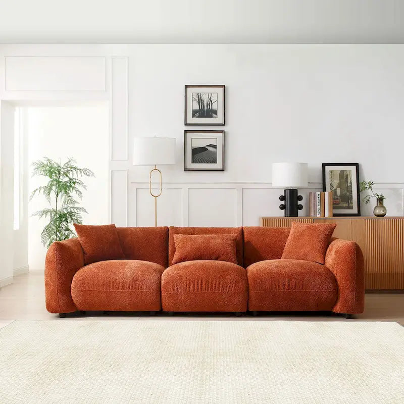 Mid Century Modern 102.36 Boucle Upholstered 3-seater Sofa with Pillows for Livingroom