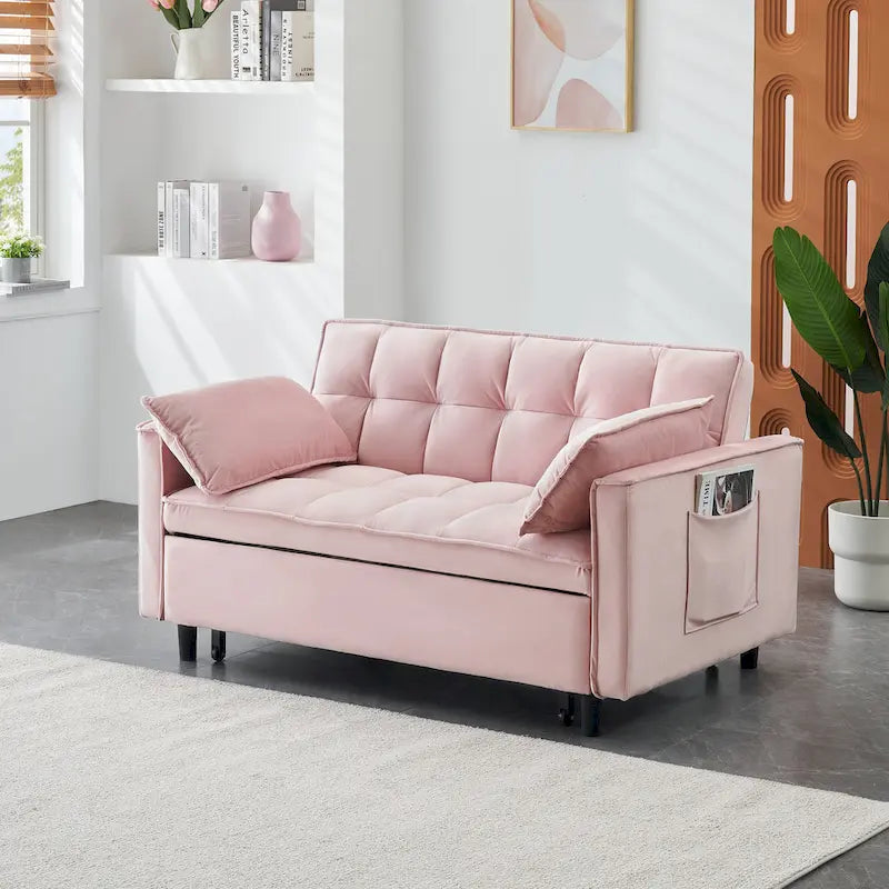 55" 3-in-1 Velvet Loveseat Convertible Sofa Bed with Pillows - Pink