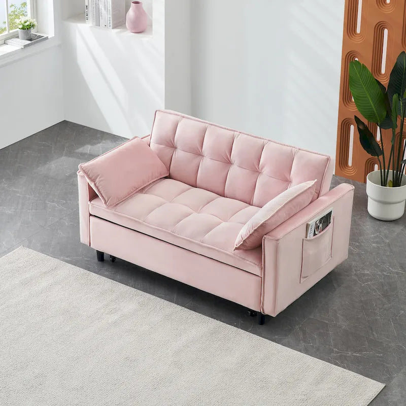 Canapé-lit convertible 3-en-1 en velours 55" avec oreillers - Rose