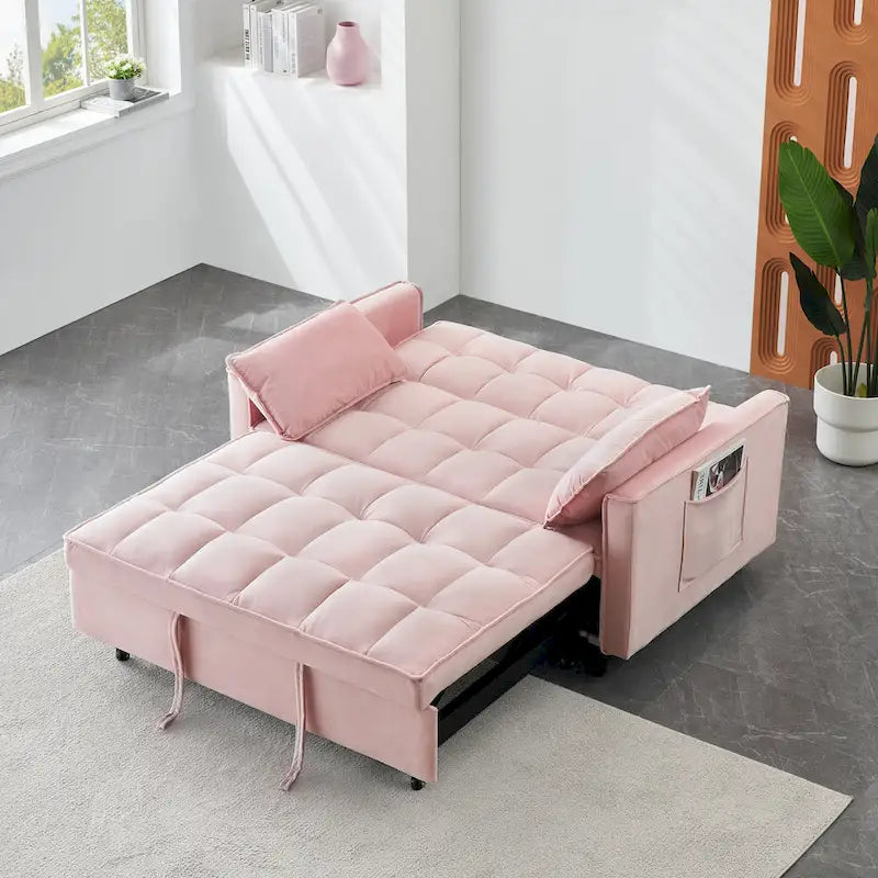 55" 3-in-1 Velvet Loveseat Convertible Sofa Bed with Pillows - Pink