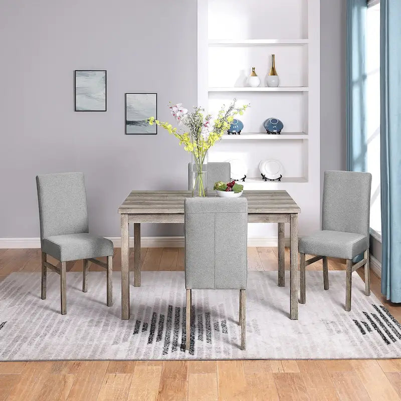 Rustic Style 5-Piece Dining Set with Rectangular Small Space Table and 4 Upholstered Dining Chairs