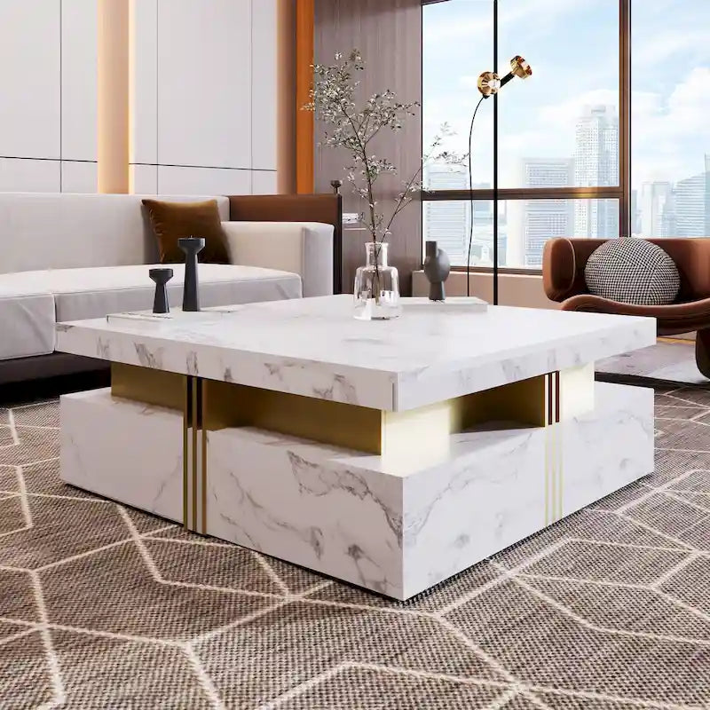Table basse carrée moderne de 110 cm avec 4 tiroirs pour salon