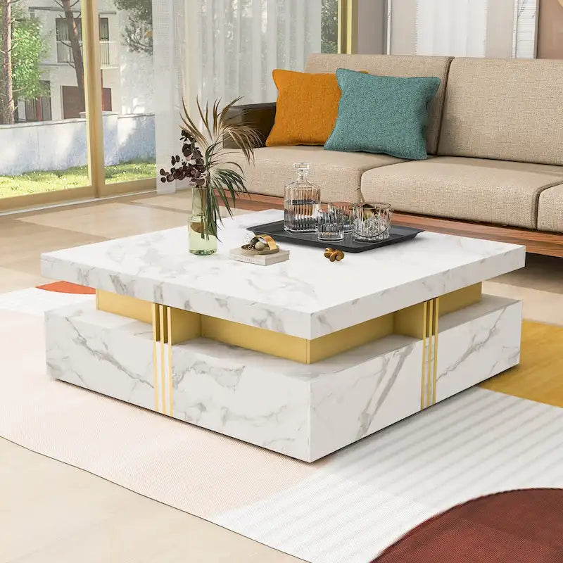 Table basse carrée moderne de 110 cm avec 4 tiroirs pour salon