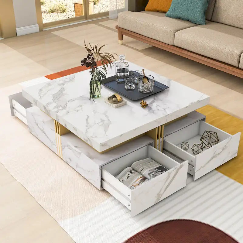 Table basse carrée moderne de 110 cm avec 4 tiroirs pour salon