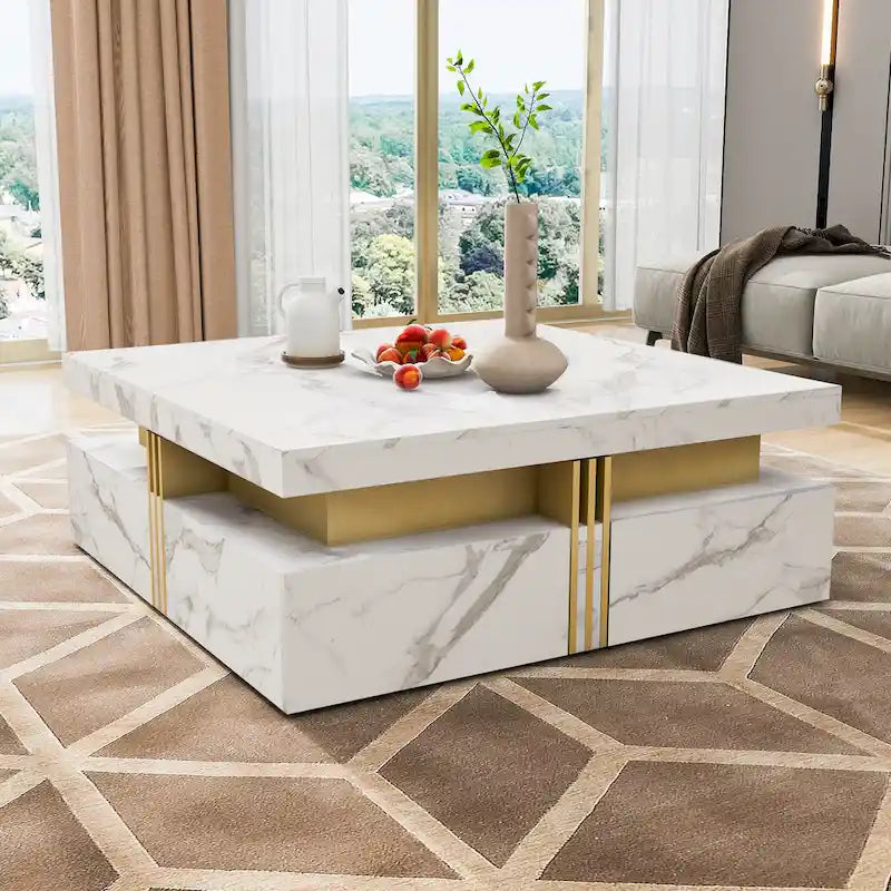 Table basse carrée moderne de 110 cm avec 4 tiroirs pour salon